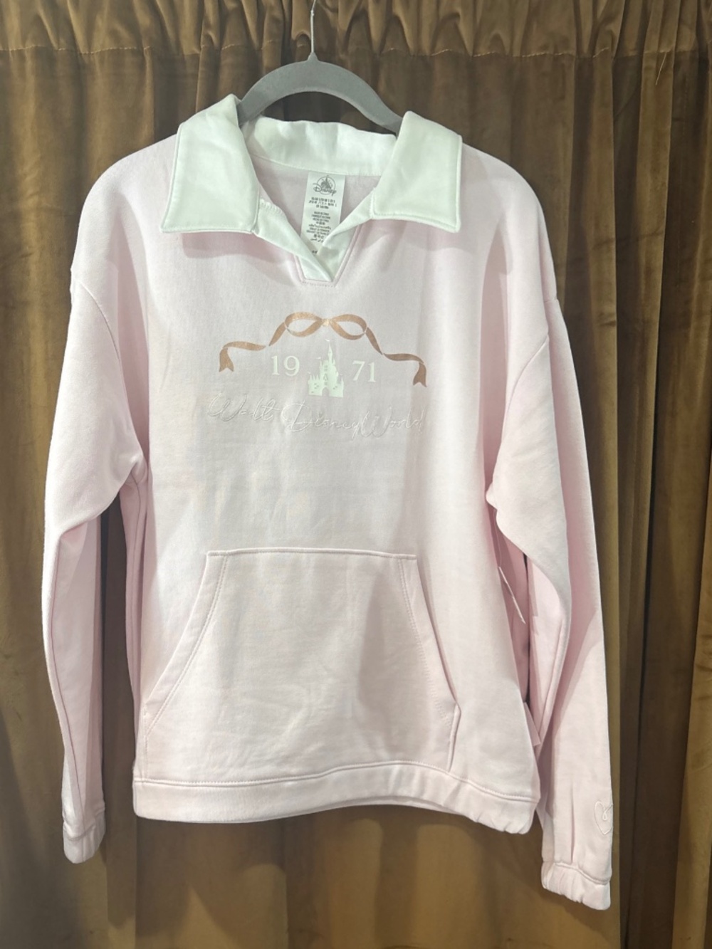 Walt Disney World Pink 1971 Rose Gold Ribbon Castle Collared Pullover Small NWT